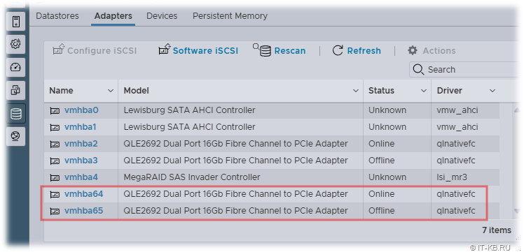 Duplicate vmhba64 and vmhba65 devices are shown in the ESXi Host Client web interface on VMWare ESXi 8.0 for QLogic HBAs with the qlnativefc driver