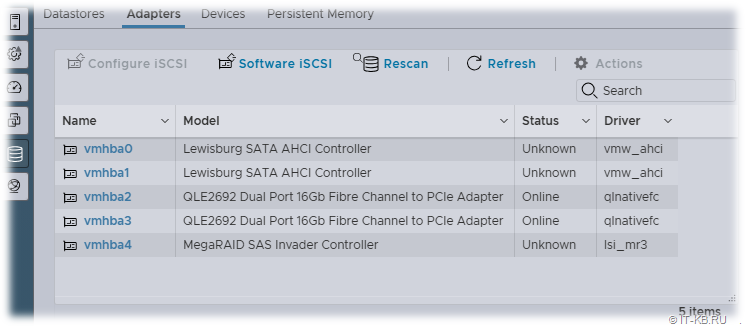 vmhba64 and vmhba65 devices are not displayed in the ESXi Host Client web interface on VMWare ESXi 8.0 for QLogic HBAs with the qlnativefc driver (NVMe over FC is disabled)