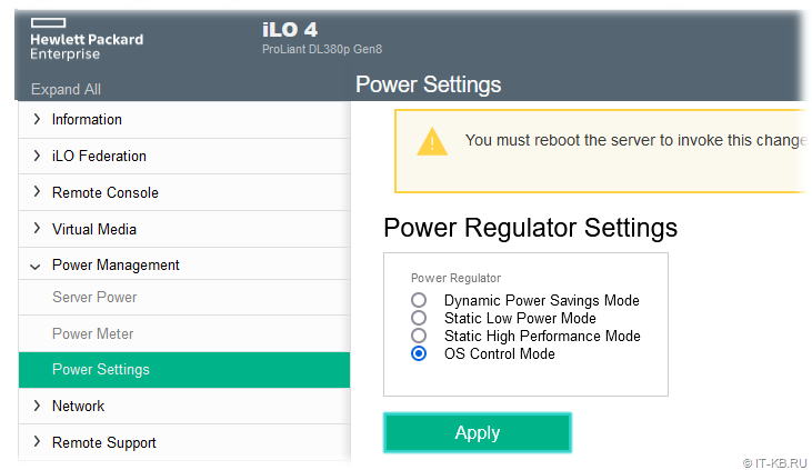 OS Control Mode in HPE ProLiant DL380p Gen8 BIOS