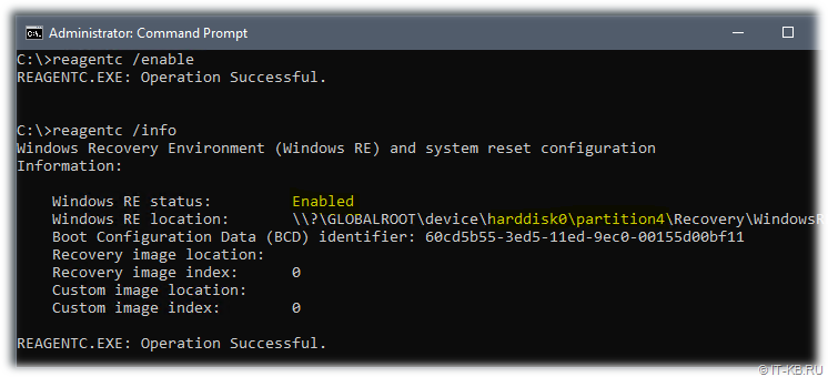 The first command enables the WinRE environment, and the second command checks its current configuration