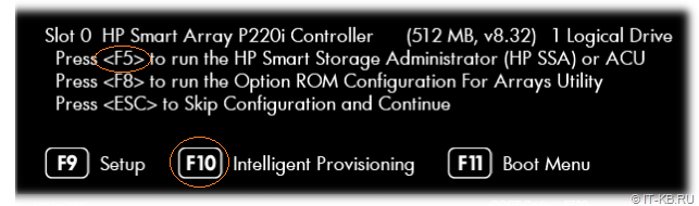 Access Intelligent Provisioning and Smart Storage Administrator via hotkeys when booting an HPE ProLiant Gen 8 server