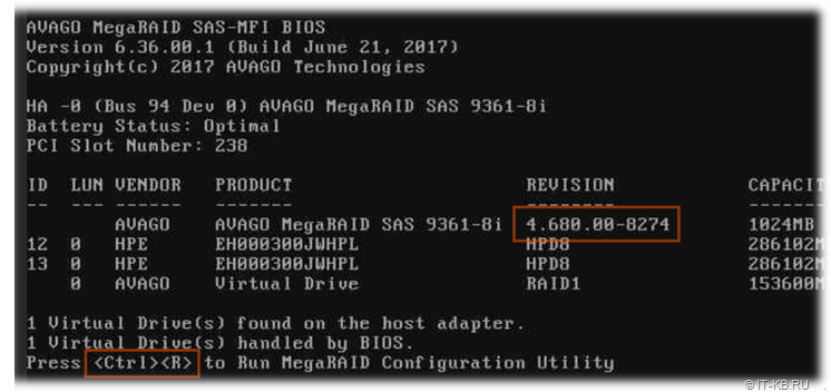 Broadcom/LSI MegaRAID SAS 9361-8i RAID controller firmware version during server boot