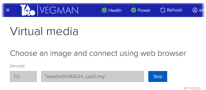 Mount the ADAPFW05082024_upd2.img image as virtual media in the YADRO Vegman R120 BMC server web interface