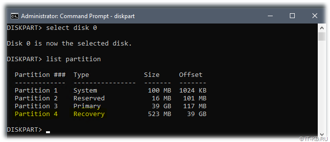 Display a list of partitions on the selected disk in diskpart
