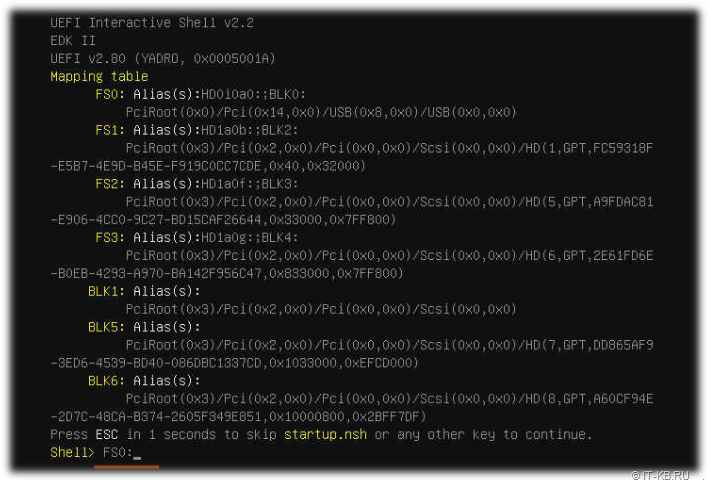 UEFI Shell, which displays a list of available devices on the YADRO Vegman R120 server