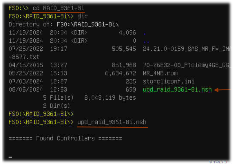 Running the upd_raid_9361-8i.nsh script in the UEFI Shell