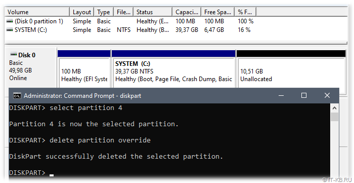 In diskpart, select the partition number of the WinRE recovery environment and execute the command to delete it