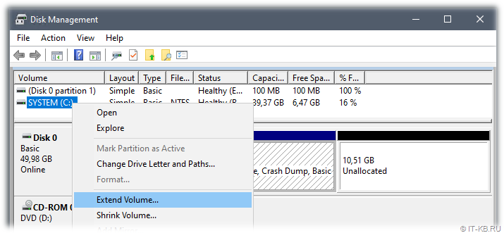 Now the system partition with the OS is the last one on the disk and we have the opportunity to expand the size of this partition using the graphical Disk Management snap-in