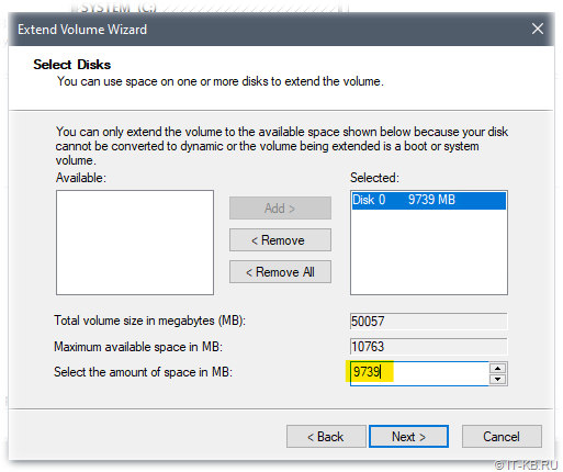 In the Extend Disk Wizard, we need to leave some space for the recovery partition, which we'll recreate next. It's best to leave at least as much free space for the WinRE partition as we originally had (523MB)