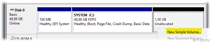 In the graphical Disk Management snap-in, create a new Simple Volume partition.