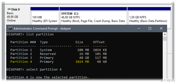 In diskpart, reread the list of partitions and select the newly created partition by number